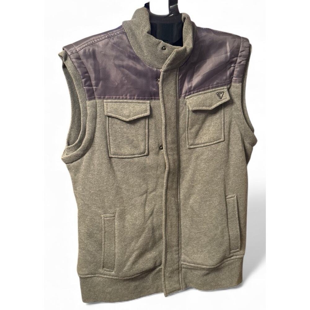 Guess Men’s Sweater Fleece Vest Gray Full Zip Sleeveless Pockets Size Large